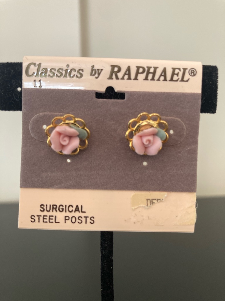 Classics By Raphael Pink Rose Floral Stud Earrings With Gold Trim